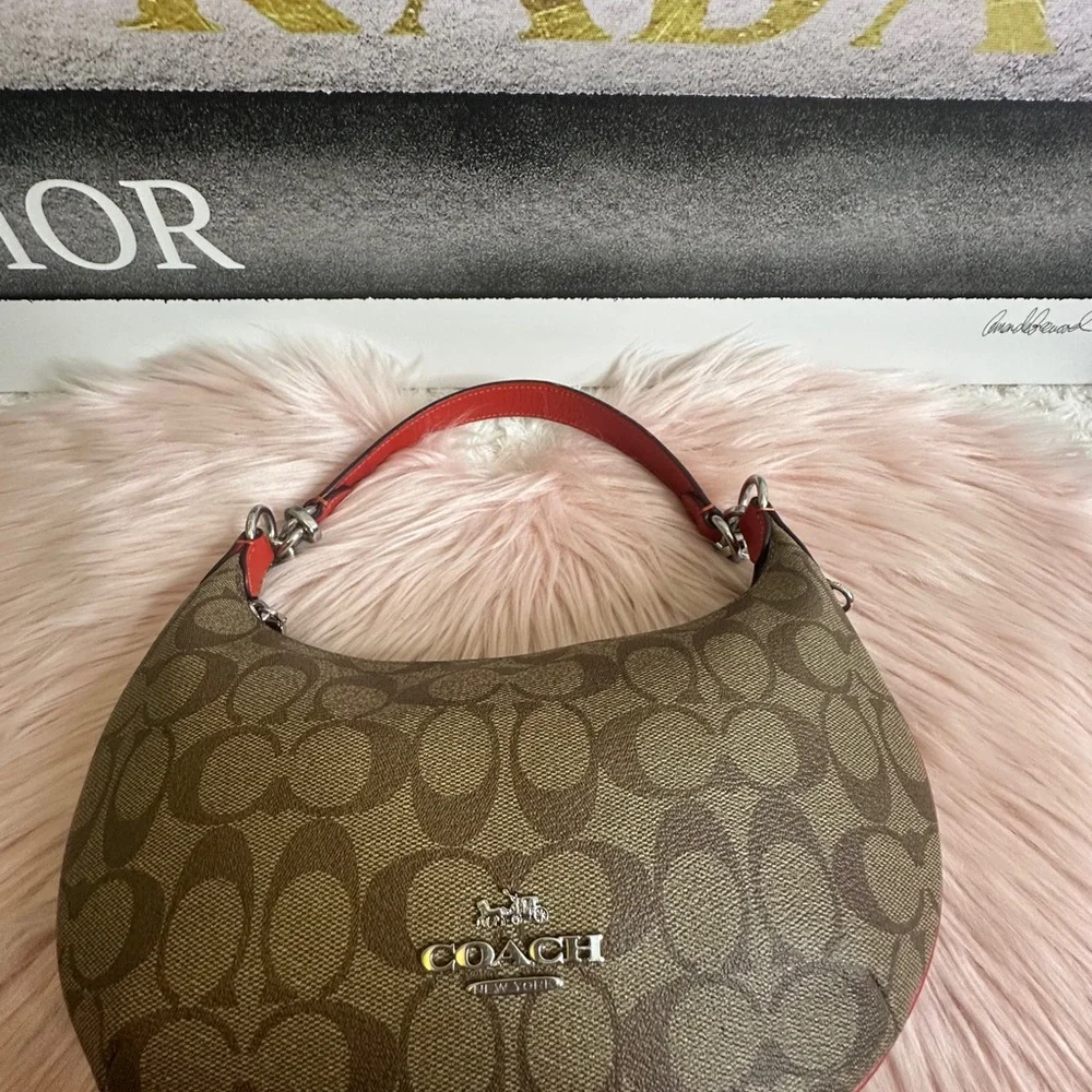 COACH PVC Signature/Leather Payton Shoulder Bag Khaki/Electric Red